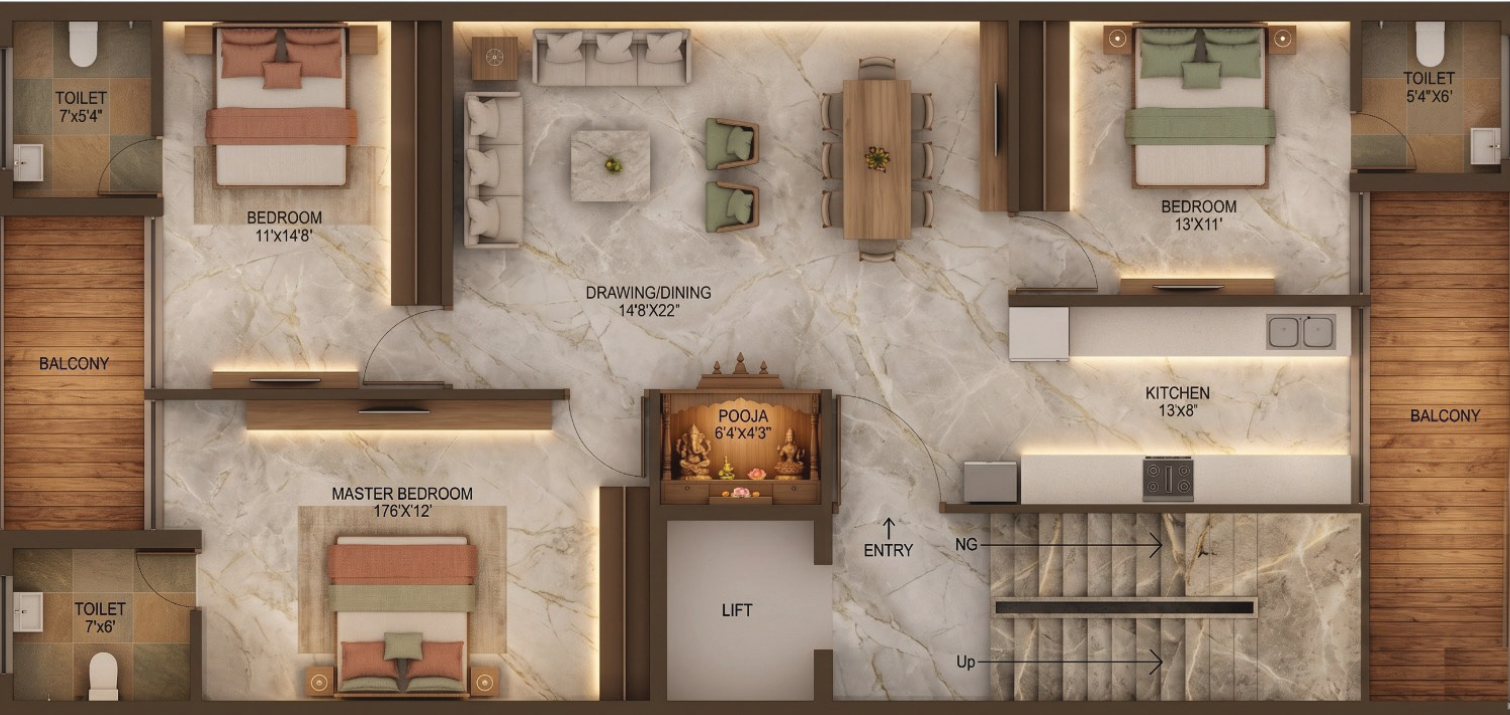 3 BHK + 3T Floor Plan — 235 Sq. Yds.